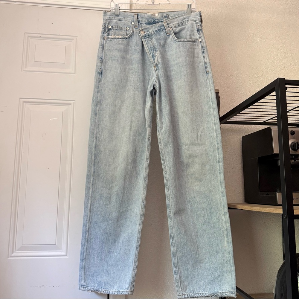 AGOLDE medium light blue wash cotton criss cross fly straight leg jeans